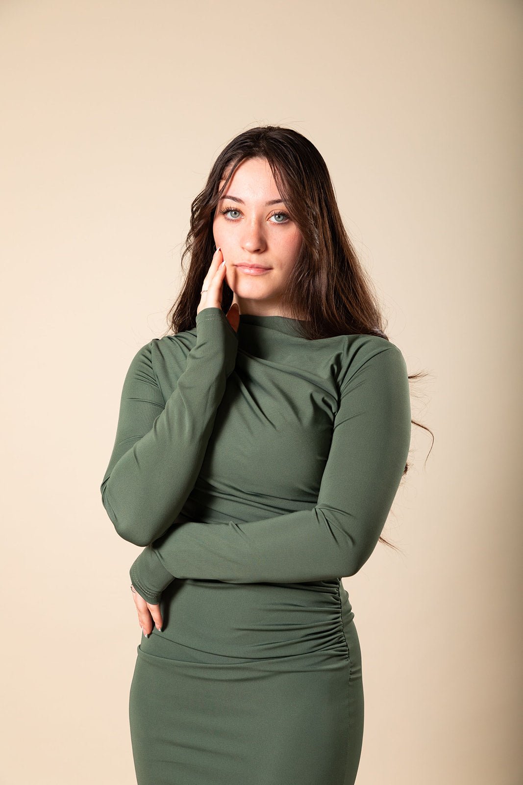 Olive Green Ruched Maxi Bodycon Dress Bells of Valor Olive Green Ruched Maxi Bodycon Dress Bells of Valor