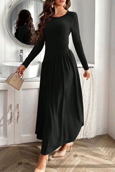 Ruched Round Neck Long Sleeve Dress - Ben Valor