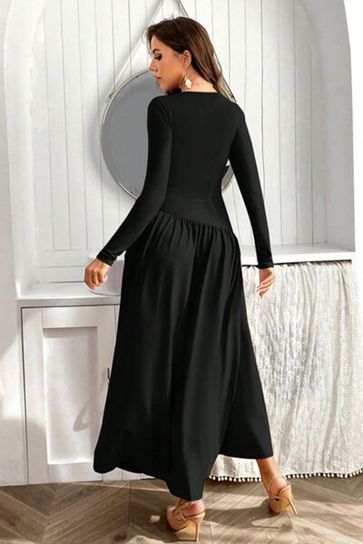 Ruched Round Neck Long Sleeve Dress - Ben Valor