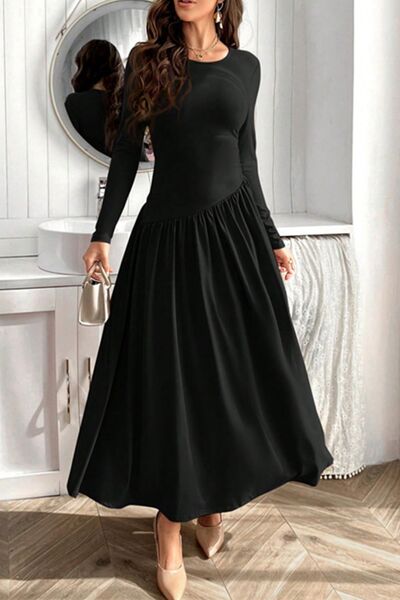 Ruched Round Neck Long Sleeve Dress - Ben Valor