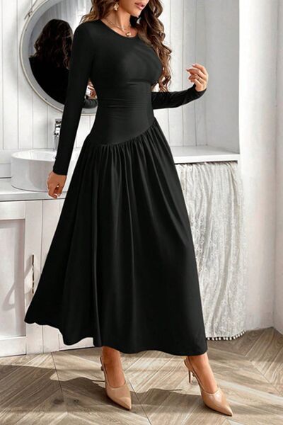 Ruched Round Neck Long Sleeve Dress - Ben Valor