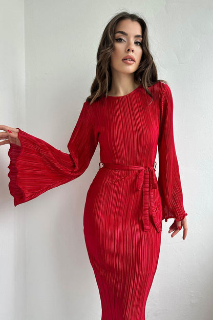 Spanish Sleeve Red Pleated Midi Dress - Ben Valor
