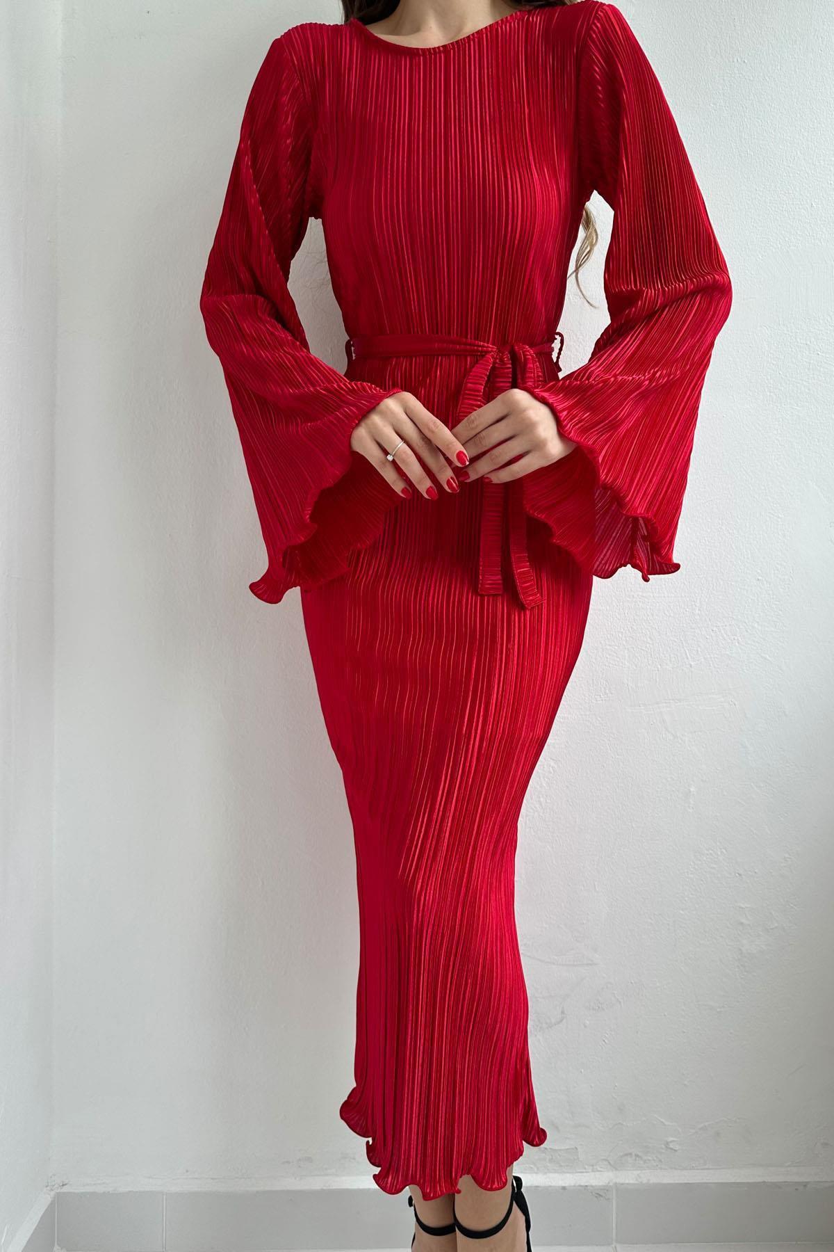 Spanish Sleeve Red Pleated Midi Dress - Ben Valor