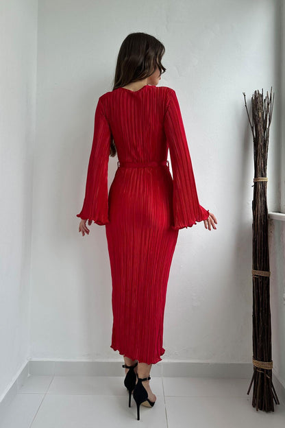 Spanish Sleeve Red Pleated Midi Dress - Ben Valor