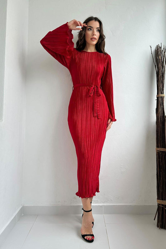 Spanish Sleeve Red Pleated Midi Dress - Ben Valor