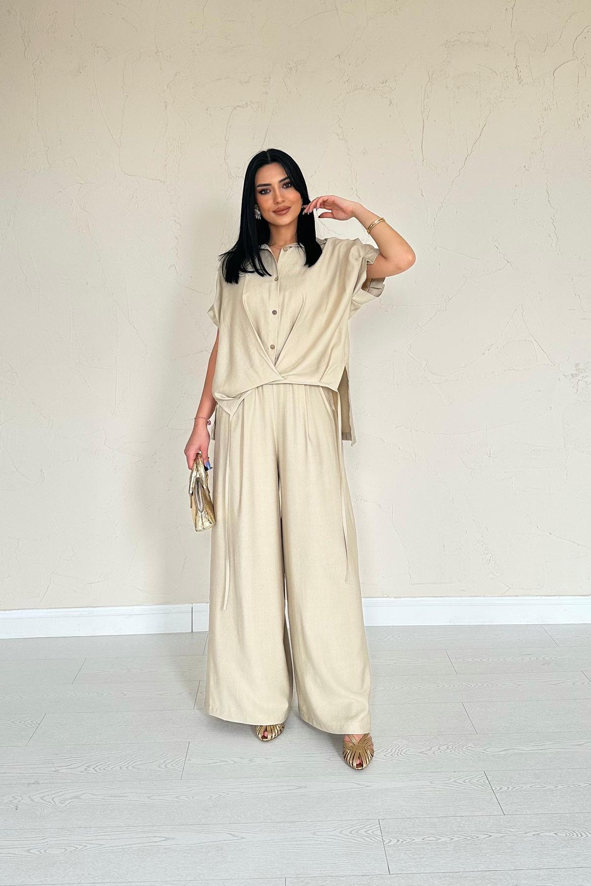 Stone Pleated Double Linen Suit Set - Ben Valor