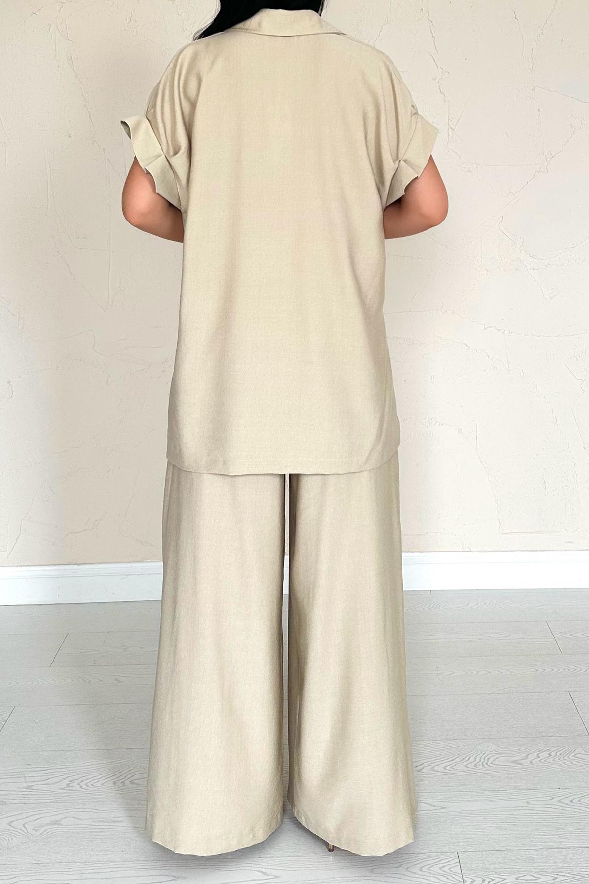 Stone Pleated Double Linen Suit Set - Ben Valor