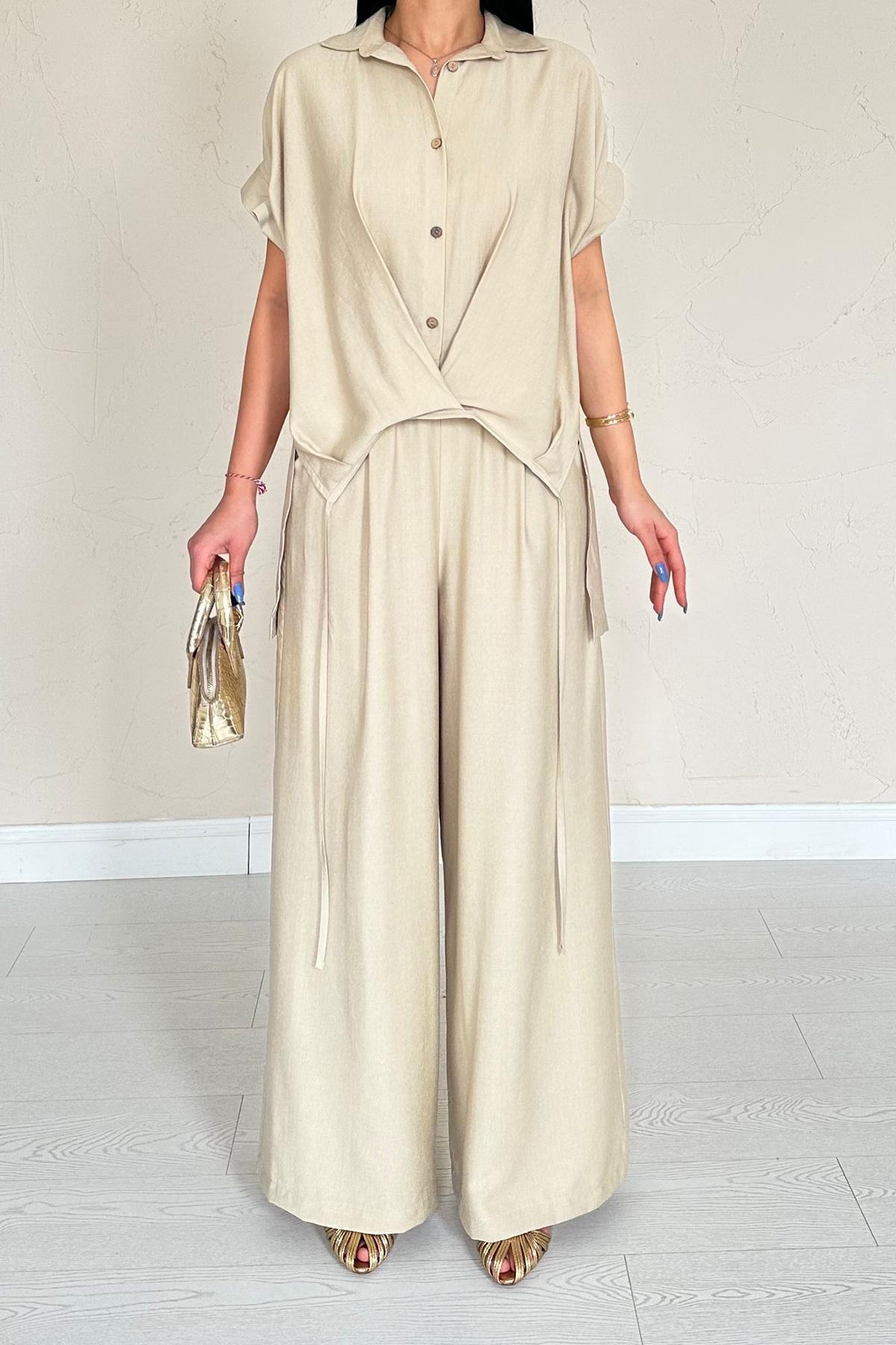 Stone Pleated Double Linen Suit Set - Ben Valor