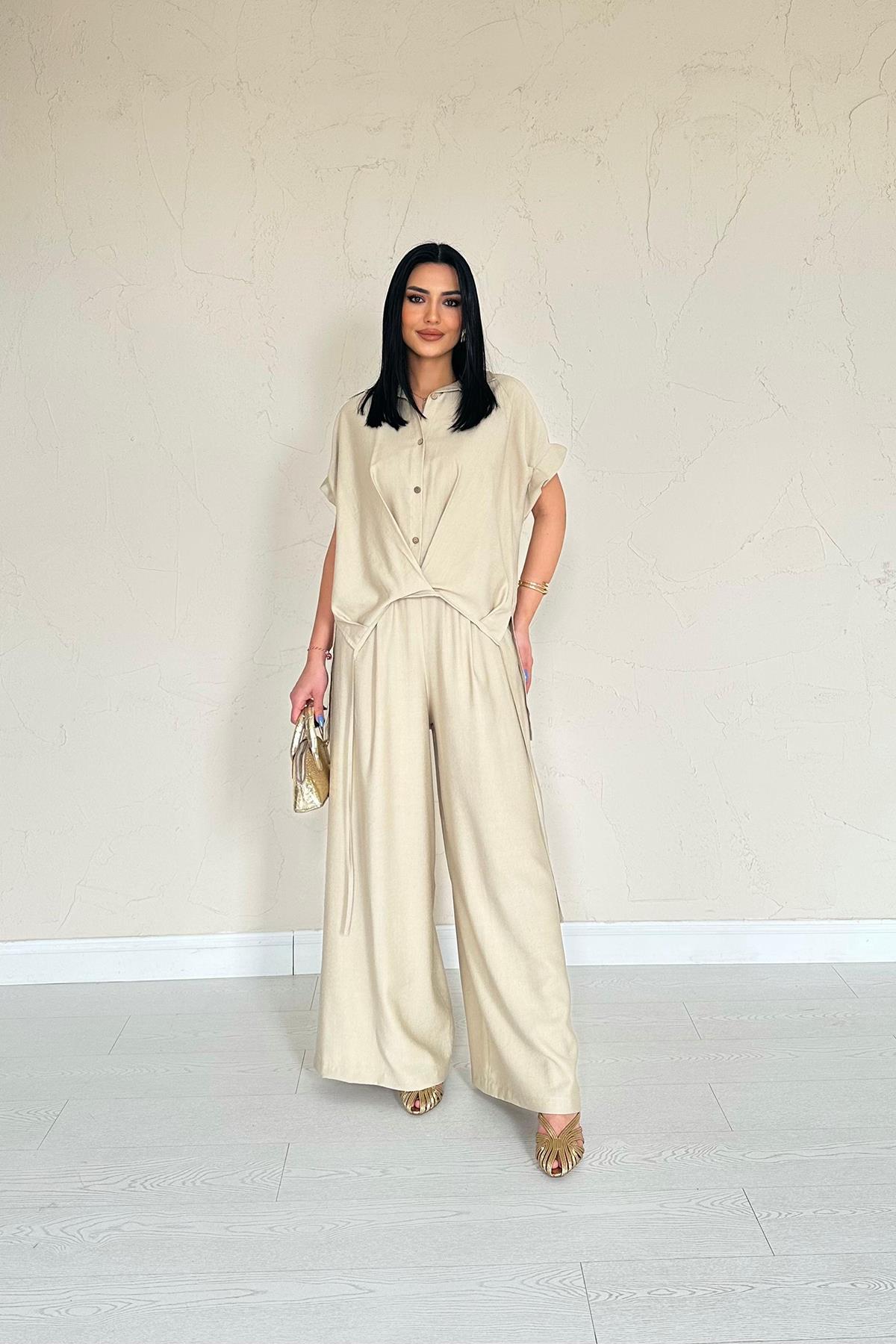 Stone Pleated Double Linen Suit Set - Ben Valor