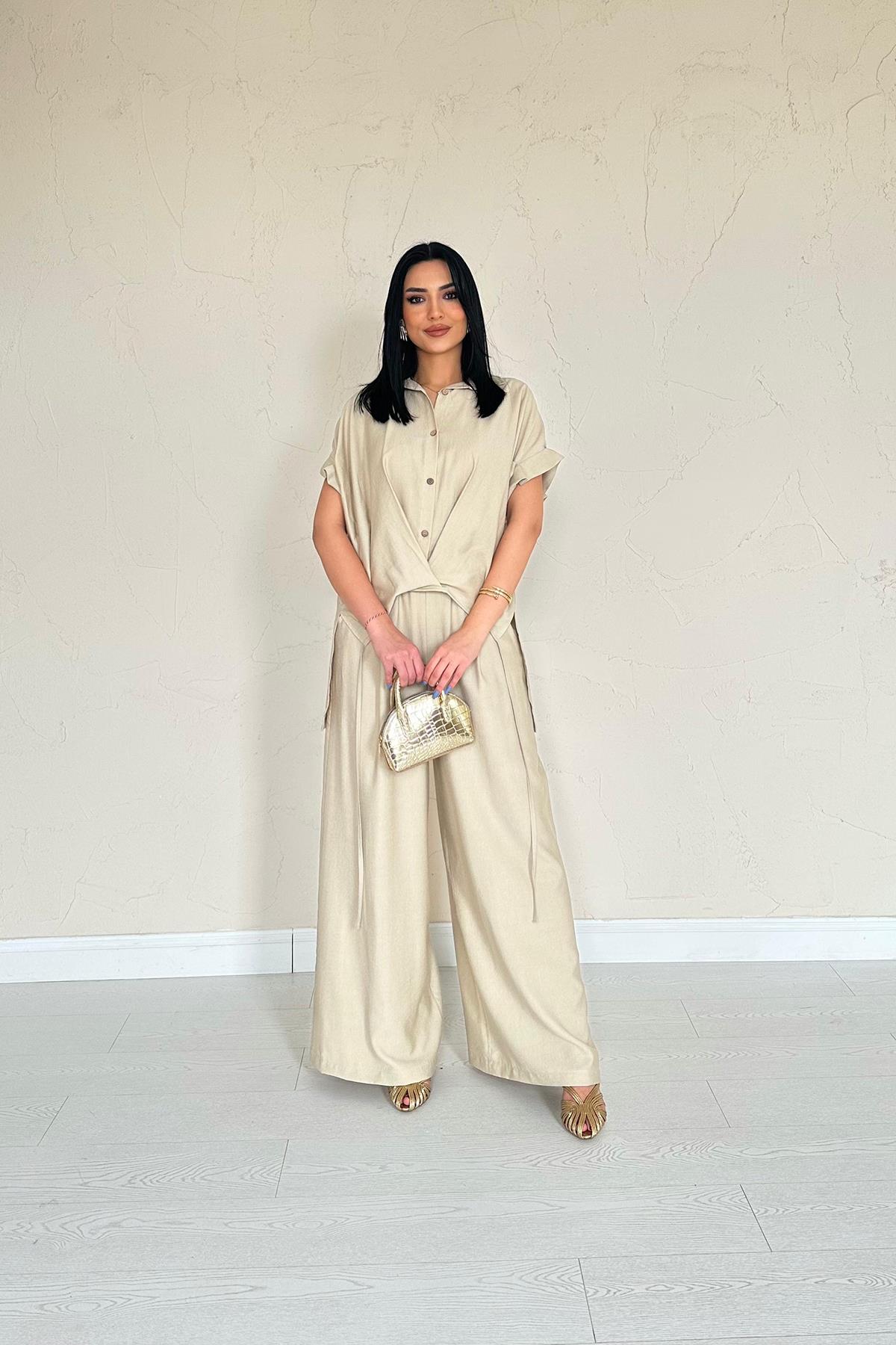 Stone Pleated Double Linen Suit Set - Ben Valor