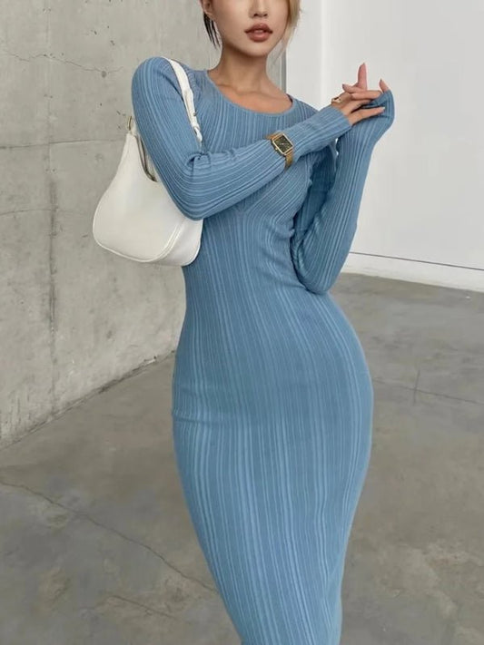 Women's Slim Fit Hip - covering Long Skirt Long Sleeve Knitted Dress - Bells of Valor